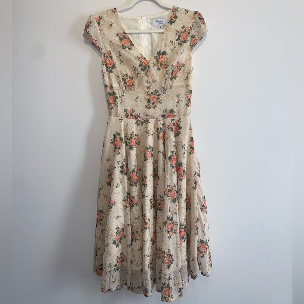 Unique Vintage Cream Floral Midi Dress with Pink Roses